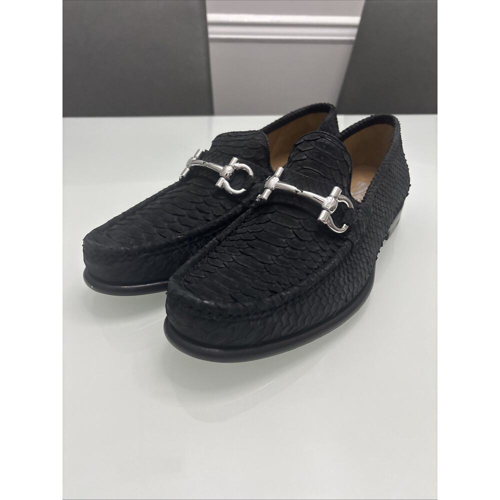 Ferragamo Suede Snake Python Pattern Black Loafer… - image 3